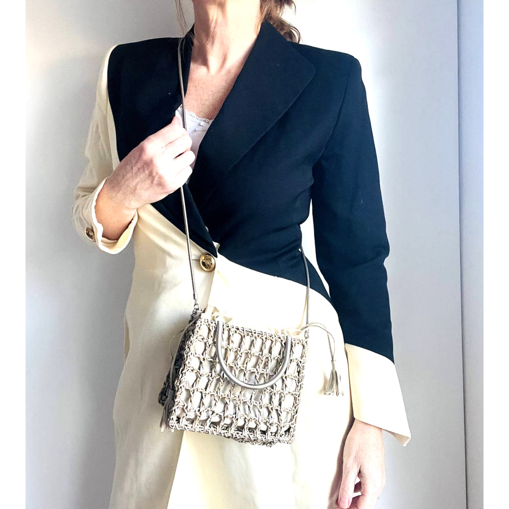 SALVATORE FERRAGAMO ITALY CROCHET LEATHER METAL MINI TOTE-SHOULDER BAG Y2K